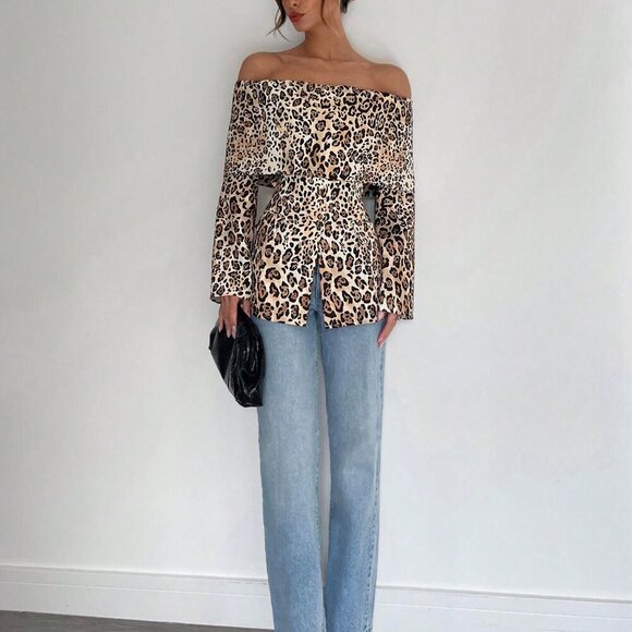 Brown Casual Women's One-Shoulder Leopard Print Long-Sleeved Jacket - Picture 5 of 5